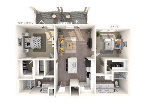 Floor plan for 2 beds, 2 baths, 1109 sqft